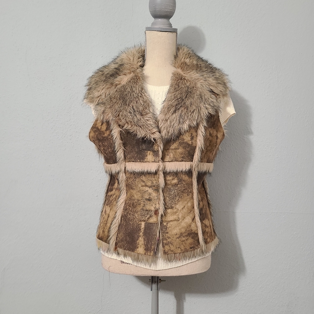 Heart Moon Star‎ Faux Fur Trimmed Vintage Brown Vest Large